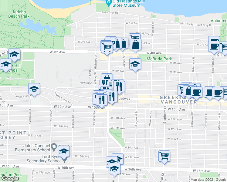 map of restaurants, bars, coffee shops, grocery stores, and more near 3658 West 8th Avenue in Vancouver