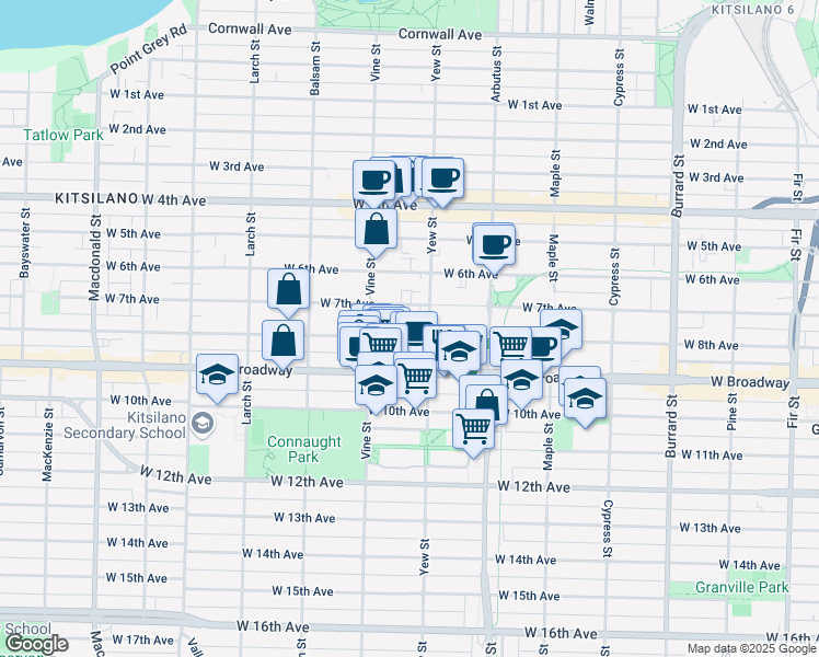 map of restaurants, bars, coffee shops, grocery stores, and more near 2225 West 8th Avenue in Vancouver