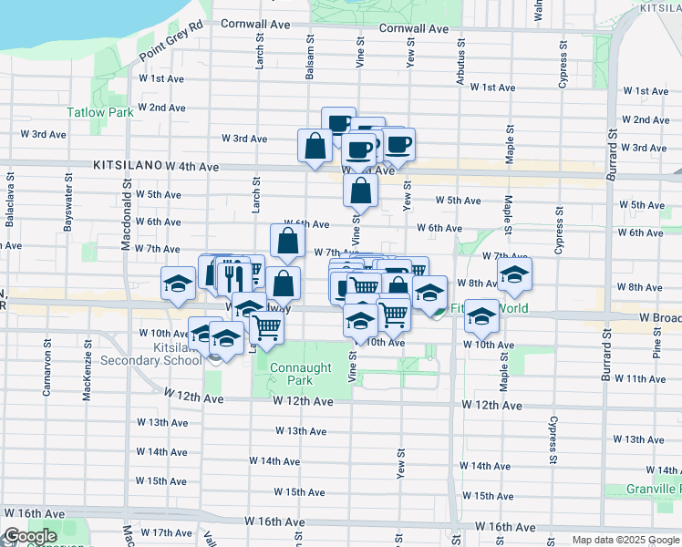 map of restaurants, bars, coffee shops, grocery stores, and more near in Vancouver