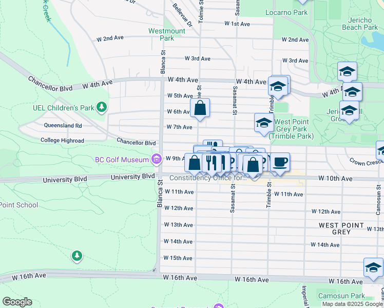map of restaurants, bars, coffee shops, grocery stores, and more near 4615 West 9th Avenue in Vancouver