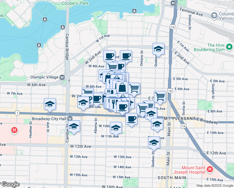 map of restaurants, bars, coffee shops, grocery stores, and more near in Vancouver