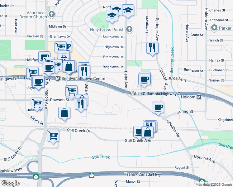 map of restaurants, bars, coffee shops, grocery stores, and more near in Burnaby