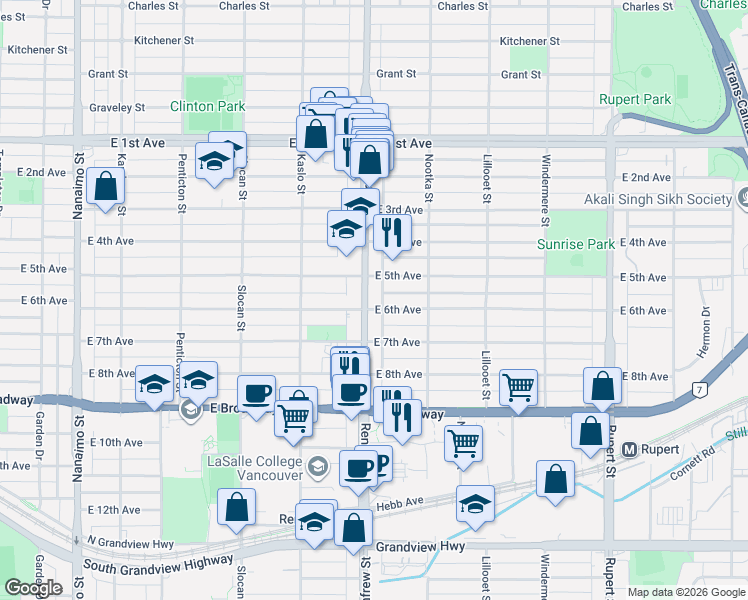 map of restaurants, bars, coffee shops, grocery stores, and more near in Vancouver