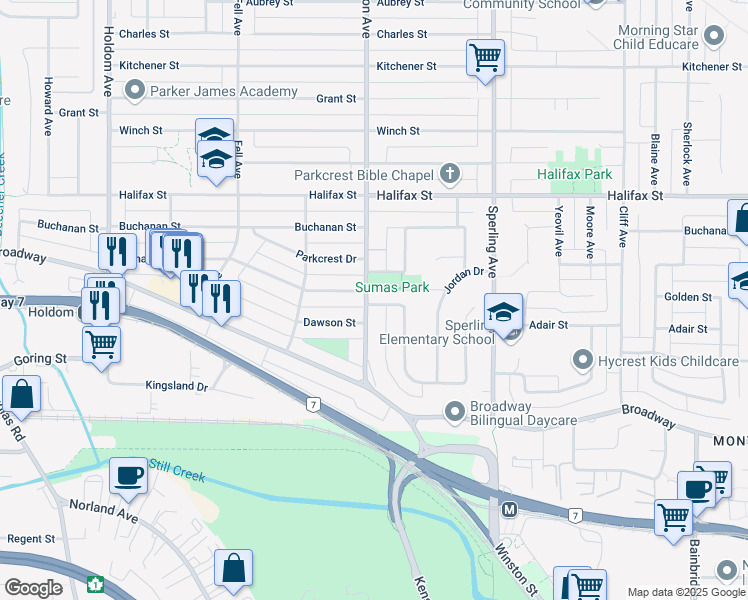 map of restaurants, bars, coffee shops, grocery stores, and more near 6507 Parkdale Drive in Burnaby