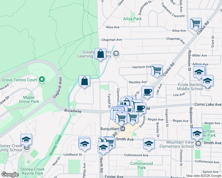 map of restaurants, bars, coffee shops, grocery stores, and more near 636 Tyndall Street in Coquitlam