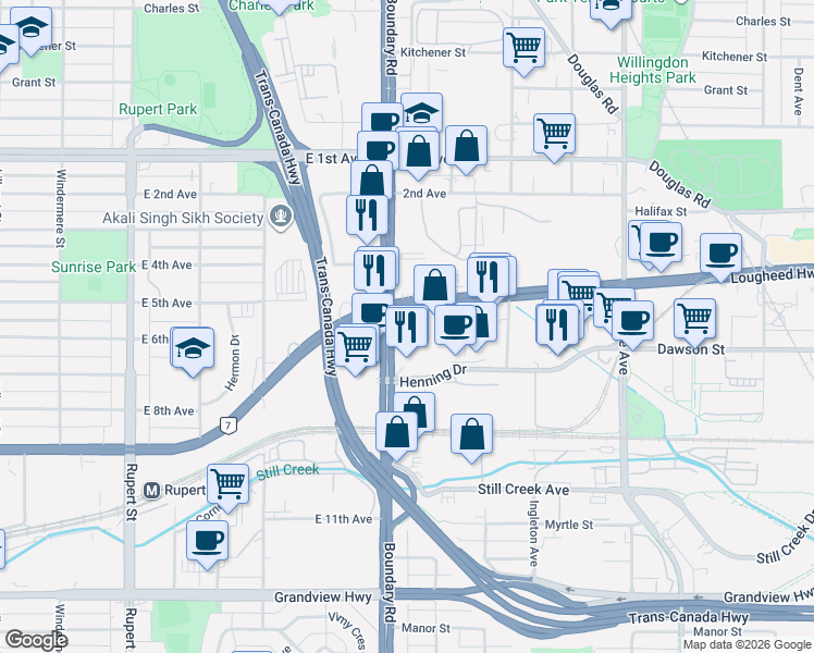 map of restaurants, bars, coffee shops, grocery stores, and more near 2250 Boundary Road in Burnaby