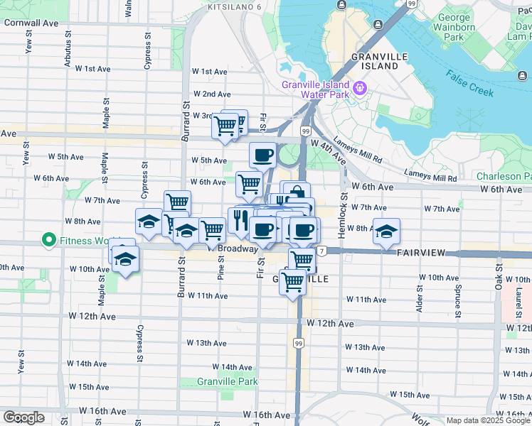 map of restaurants, bars, coffee shops, grocery stores, and more near 1573 West Broadway in Vancouver