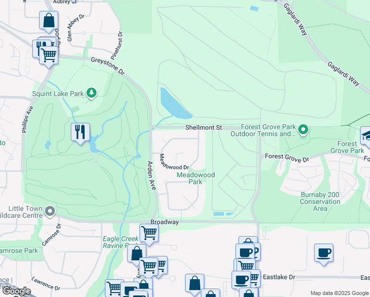 map of restaurants, bars, coffee shops, grocery stores, and more near 2111 Knightswood Place in Burnaby