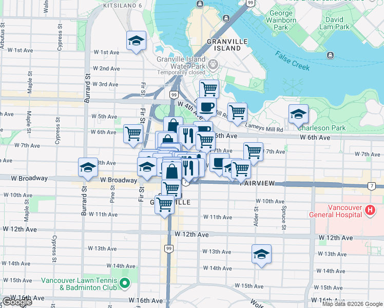 map of restaurants, bars, coffee shops, grocery stores, and more near 1428 West 7th Avenue in Vancouver