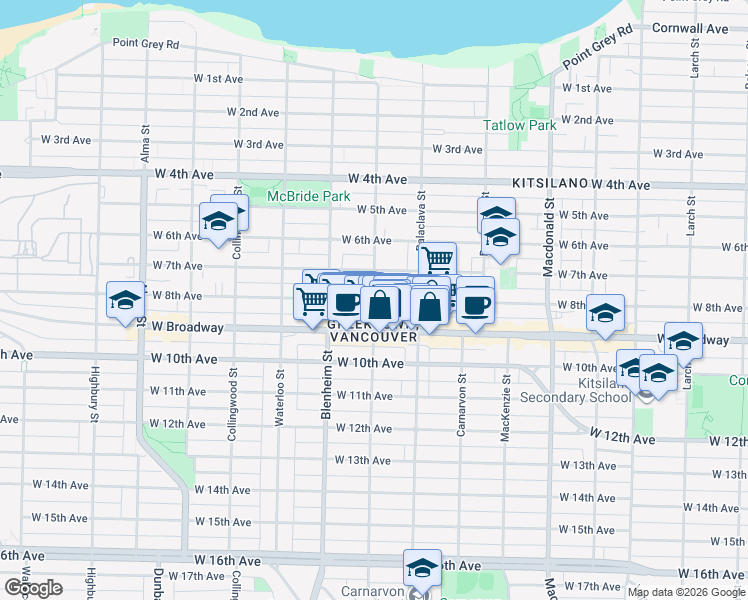 map of restaurants, bars, coffee shops, grocery stores, and more near 2400 Trutch Street in Vancouver