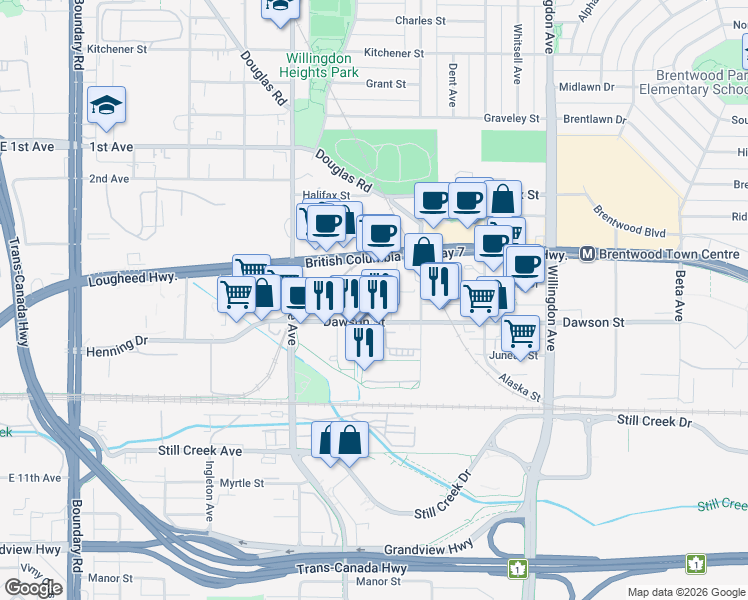 map of restaurants, bars, coffee shops, grocery stores, and more near 4181 Dawson Street in Burnaby