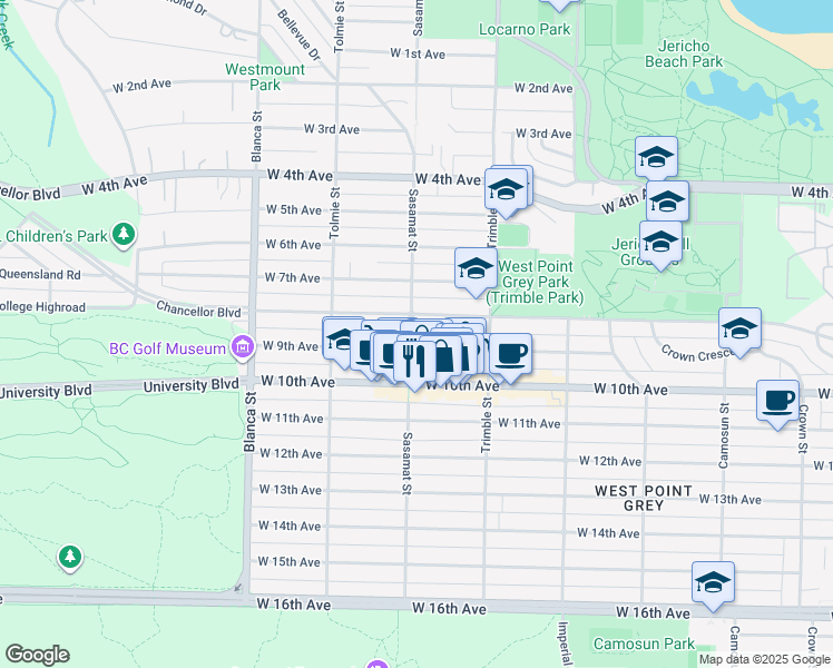 map of restaurants, bars, coffee shops, grocery stores, and more near 2460 Sasamat Street in Vancouver