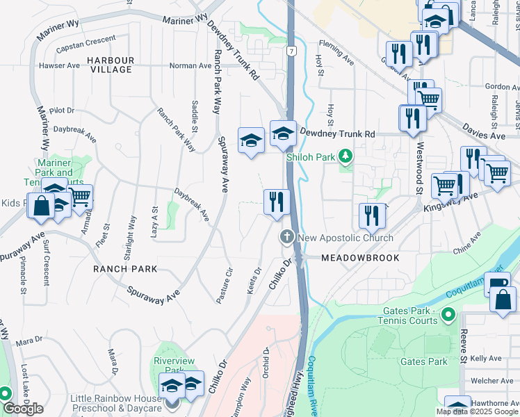 map of restaurants, bars, coffee shops, grocery stores, and more near 2975 Wickham Drive in Coquitlam