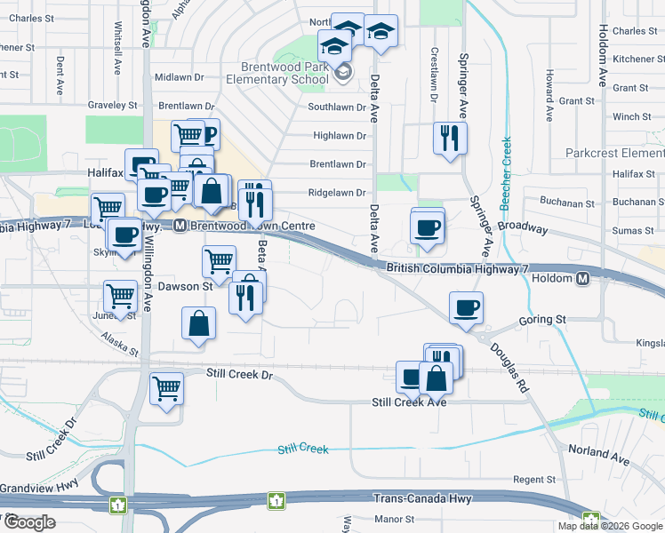 map of restaurants, bars, coffee shops, grocery stores, and more near 4880 Lougheed Highway in Burnaby