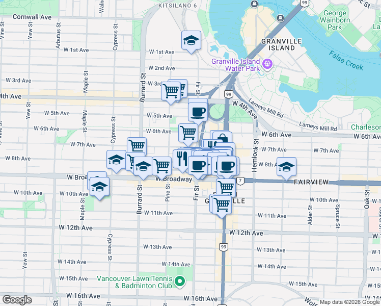 map of restaurants, bars, coffee shops, grocery stores, and more near 2323 Fir Street in Vancouver