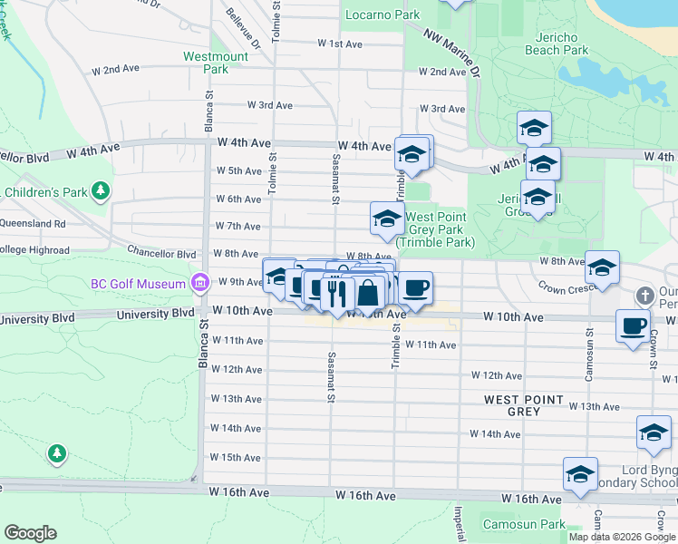 map of restaurants, bars, coffee shops, grocery stores, and more near 2460 Sasamat Street in Vancouver