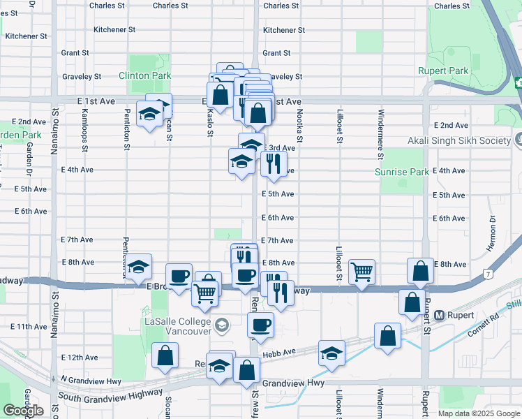map of restaurants, bars, coffee shops, grocery stores, and more near 2168 Renfrew Street in Vancouver