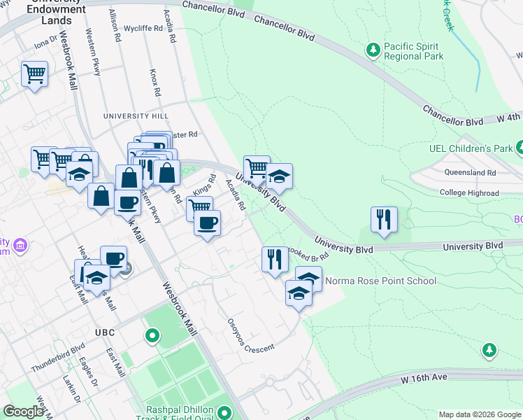 map of restaurants, bars, coffee shops, grocery stores, and more near Shortcut Road in University Endowment Lands
