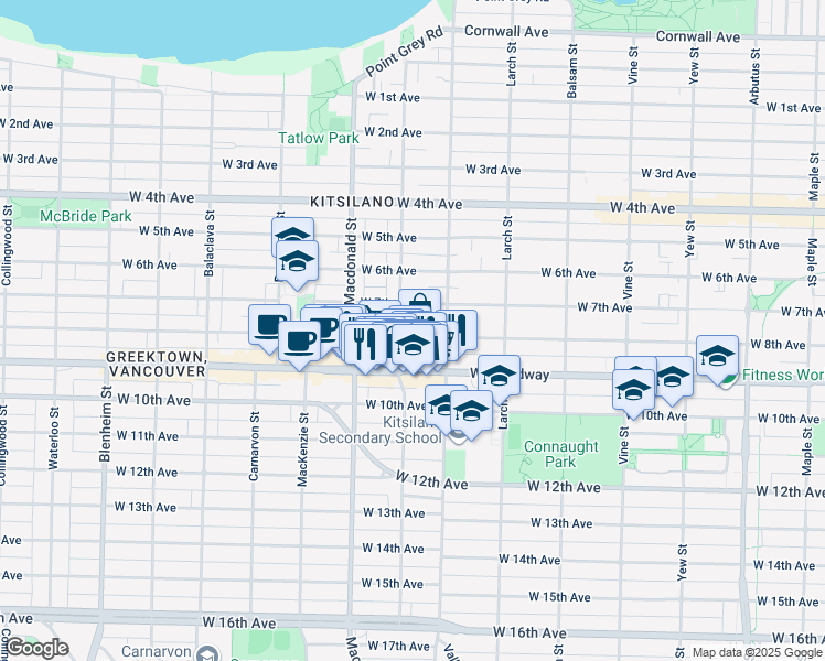 map of restaurants, bars, coffee shops, grocery stores, and more near 2657 West 8th Avenue in Vancouver