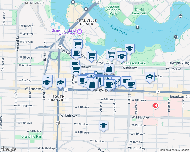 map of restaurants, bars, coffee shops, grocery stores, and more near 1244 West 7th Avenue in Vancouver