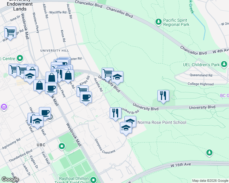 map of restaurants, bars, coffee shops, grocery stores, and more near 2620 Acadia Road in Vancouver