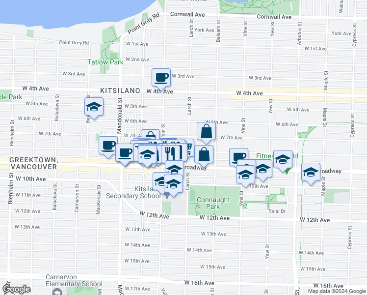 map of restaurants, bars, coffee shops, grocery stores, and more near 2513 West 8th Avenue in Vancouver