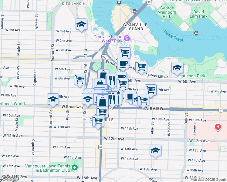 map of restaurants, bars, coffee shops, grocery stores, and more near 1428 West 7th Avenue in Vancouver