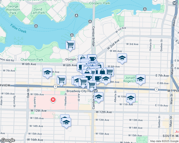 map of restaurants, bars, coffee shops, grocery stores, and more near 103 West 7th Avenue in Vancouver