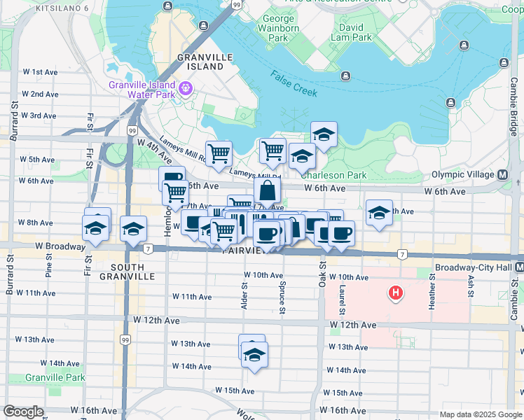 map of restaurants, bars, coffee shops, grocery stores, and more near 1168 West 7th Avenue in Vancouver
