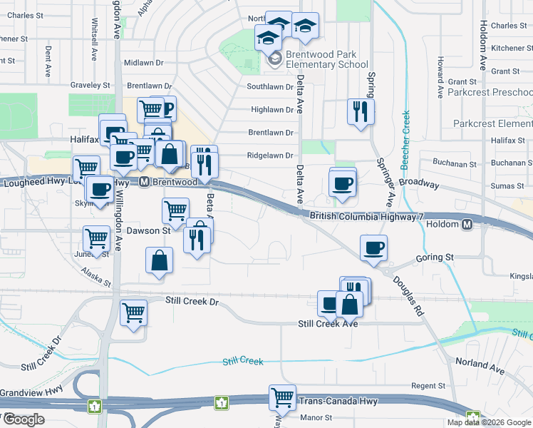 map of restaurants, bars, coffee shops, grocery stores, and more near 4880 Lougheed Highway in Burnaby