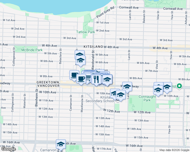 map of restaurants, bars, coffee shops, grocery stores, and more near 2783 West 8th Avenue in Vancouver