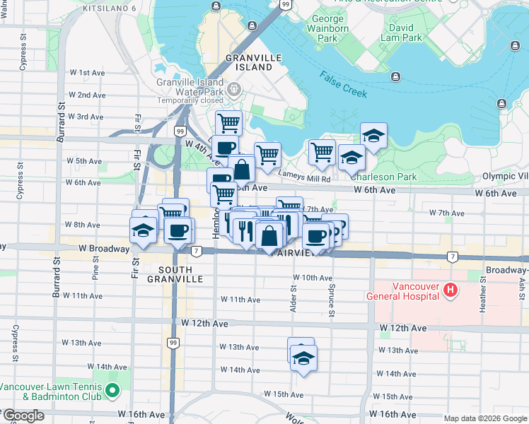 map of restaurants, bars, coffee shops, grocery stores, and more near 1286 West 7th Avenue in Vancouver