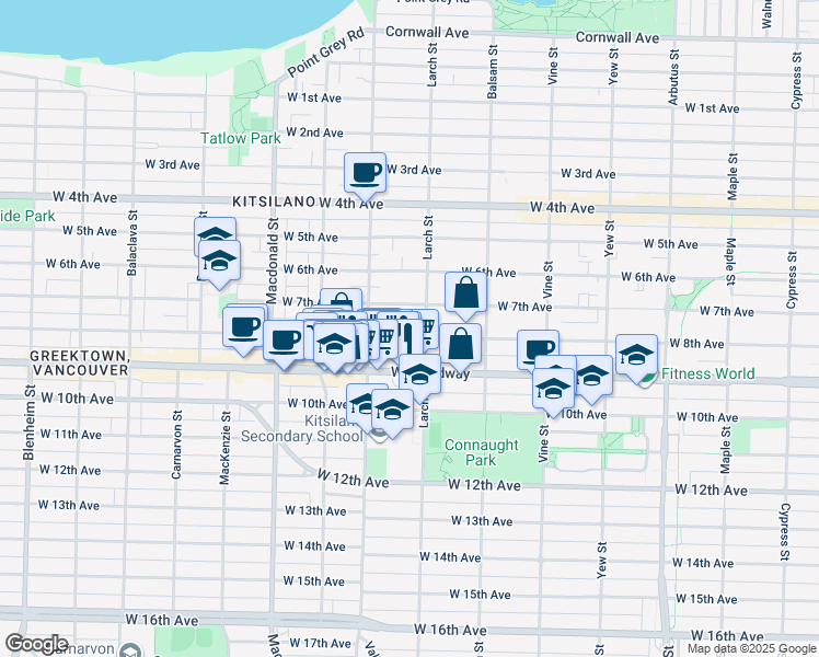 map of restaurants, bars, coffee shops, grocery stores, and more near 2523 West 8th Avenue in Vancouver