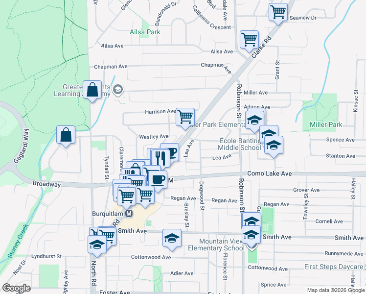 map of restaurants, bars, coffee shops, grocery stores, and more near 633 Lea Avenue in Coquitlam