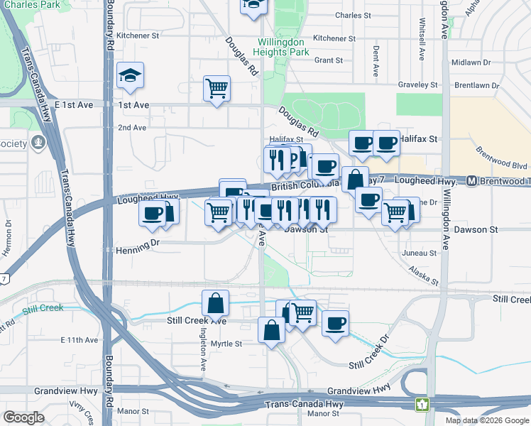 map of restaurants, bars, coffee shops, grocery stores, and more near 2186 Gilmore Avenue in Burnaby