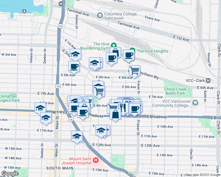 map of restaurants, bars, coffee shops, grocery stores, and more near 498 East 6th Avenue in Vancouver