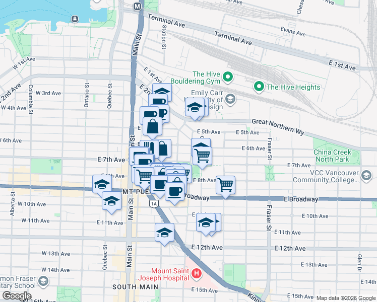 map of restaurants, bars, coffee shops, grocery stores, and more near 2223 Prince Edward Street in Vancouver