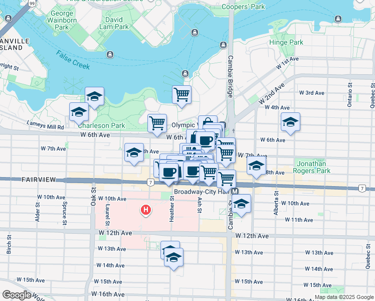 map of restaurants, bars, coffee shops, grocery stores, and more near 655 West 7th Avenue in Vancouver