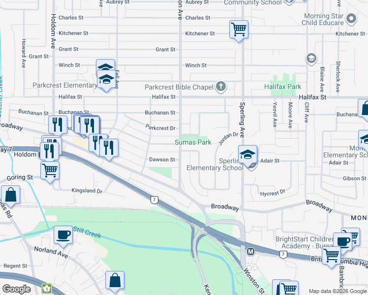 map of restaurants, bars, coffee shops, grocery stores, and more near 6507 Parkdale Drive in Burnaby