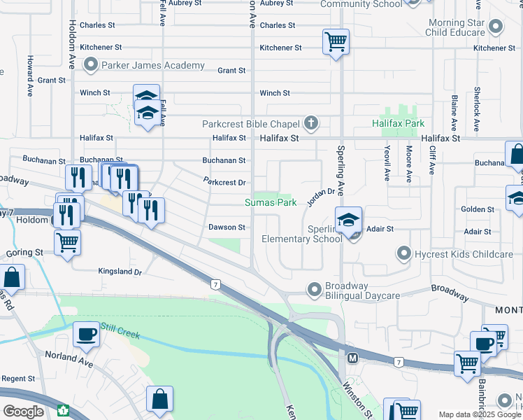 map of restaurants, bars, coffee shops, grocery stores, and more near 6511 Parkdale Drive in Burnaby