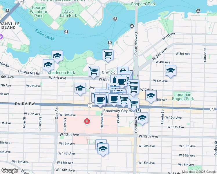 map of restaurants, bars, coffee shops, grocery stores, and more near 669 West 7th Avenue in Vancouver