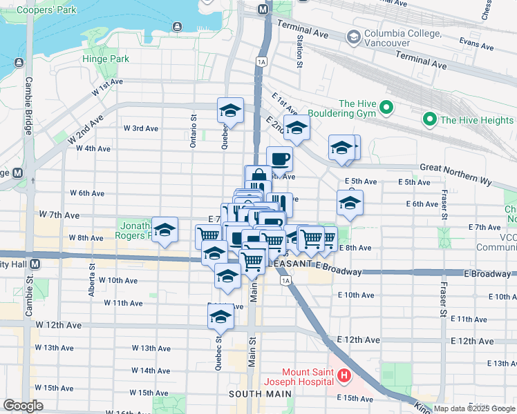 map of restaurants, bars, coffee shops, grocery stores, and more near 2218 Main Street in Vancouver
