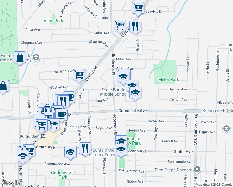 map of restaurants, bars, coffee shops, grocery stores, and more near 825 Robinson Street in Coquitlam