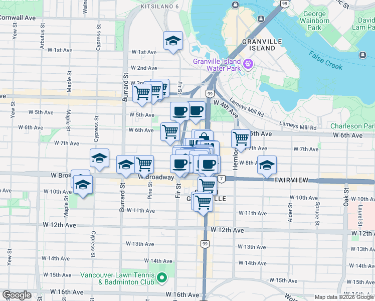 map of restaurants, bars, coffee shops, grocery stores, and more near 1570 West 7th Avenue in Vancouver