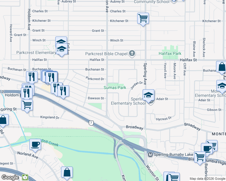 map of restaurants, bars, coffee shops, grocery stores, and more near 6515 Parkdale Drive in Burnaby
