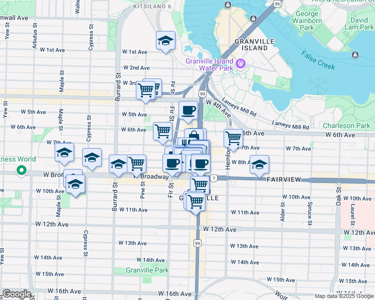 map of restaurants, bars, coffee shops, grocery stores, and more near 2447 Granville Street in Vancouver