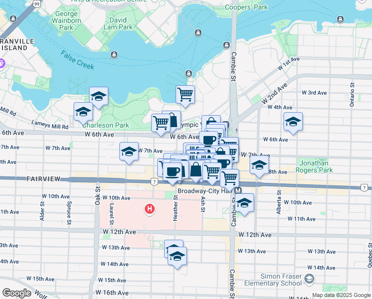 map of restaurants, bars, coffee shops, grocery stores, and more near 669 West 7th Avenue in Vancouver