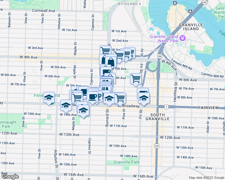 map of restaurants, bars, coffee shops, grocery stores, and more near in Vancouver