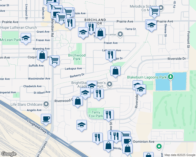 map of restaurants, bars, coffee shops, grocery stores, and more near 1237 Amazon Drive in Port Coquitlam