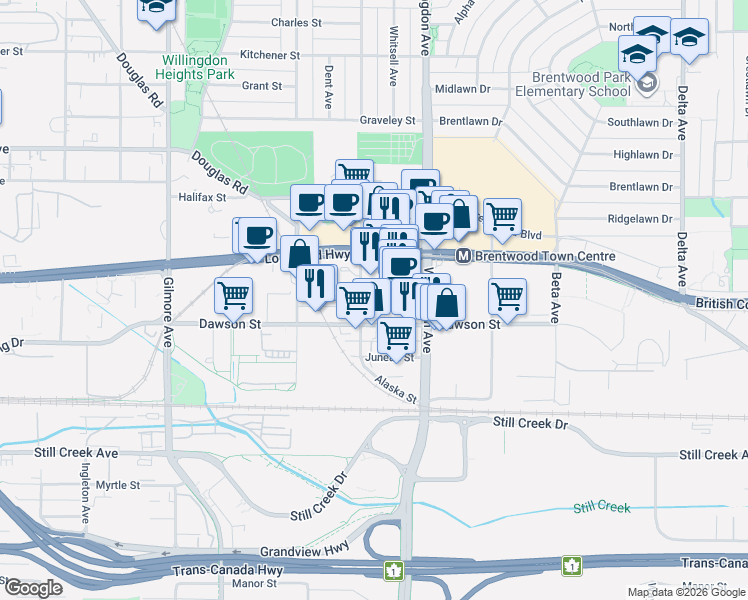 map of restaurants, bars, coffee shops, grocery stores, and more near 4394 Dawson Street in Burnaby